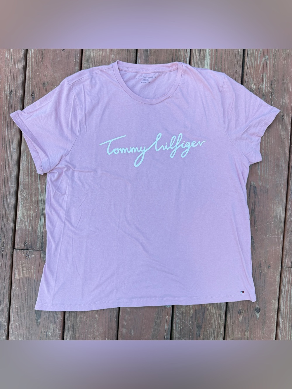 Tommy Hilfiger T Shirt Pink Womens XL Script Logo Crew Neck 100 Cotton Casual